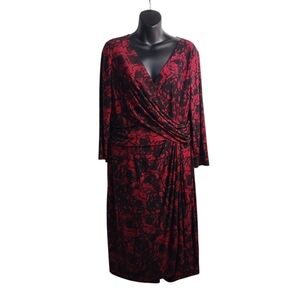 Chaps Women's Red Black Floral Print Empire Waist 3/4 Sleeve Dress Size L NWT